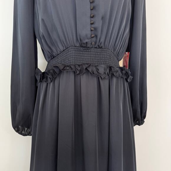 Monique Lhuillier ML Navy Satin Dress High-Low Long Sleeve V-Neck 4 NWT - Picture 8 of 16